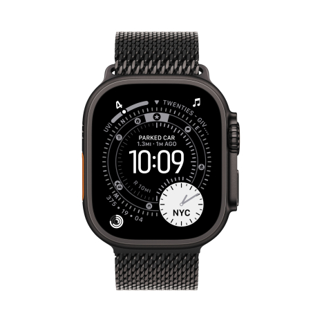 Apple Watch Ultra 3 49 мм, корпус из черного титана, ремешок Milanese черного цвета, размер M